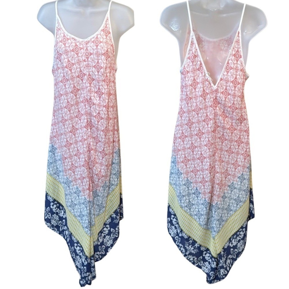 Lovestitch Women Large Multi Pattern Handkerchief‎ Hem V-Neck Midi Dress Boho